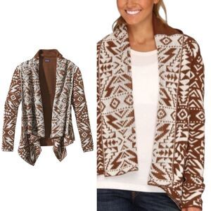 Patagonia Sweater Cardigan Woven Aztec Tribal Brown Hooded Pine Mountain Wrap M